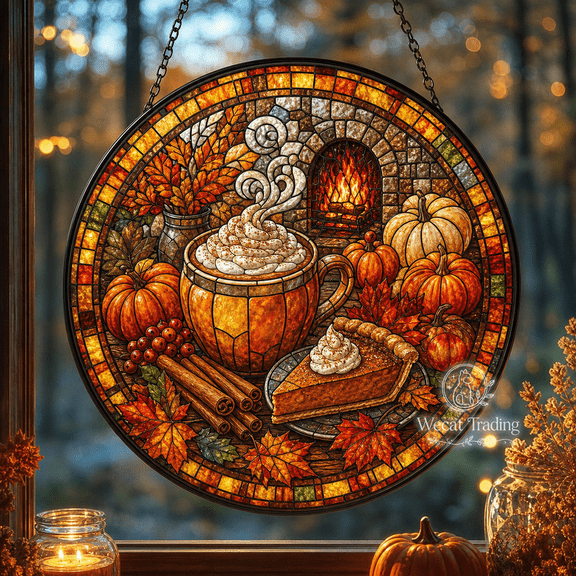Window Hanging Pumpkin Spice Stained Glass Style Window Display for Fall Decor