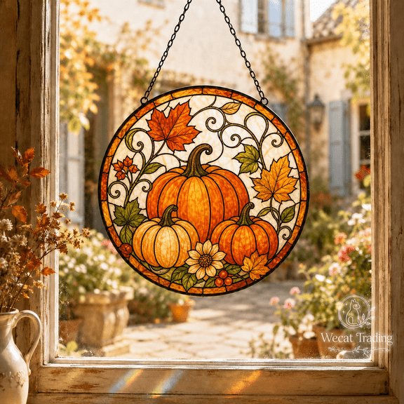 Window Hanging Pumpkin Stained Glass Style Suncatcher for Kitchen Fall Decor