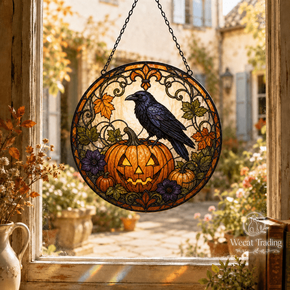 Window Hanging Raven Pumpkin Stained Glass Style for Sunlit Windows Halloween Decor