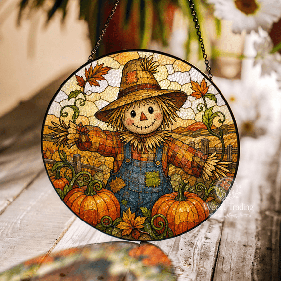 Window Hanging Scarecrow With Pumpkins Suncatcher for Fall Window Display