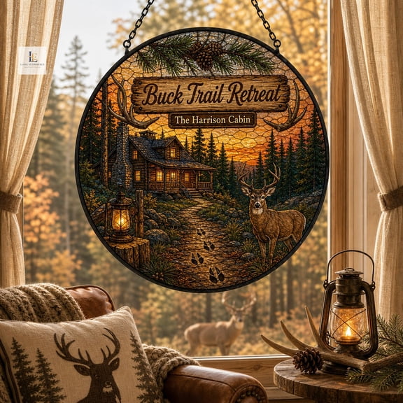 Window Hanging Suncatcher Buck Trail Retreat Stained Glass Style for Cabin Window Rustic Lodge Gift