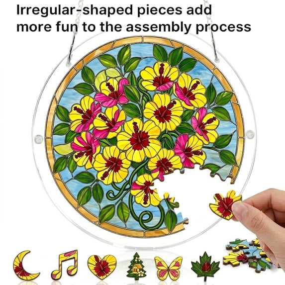 Window Hanging Suncatcher Puzzle, 7.4in Stained Glass Yellow Hibiscus Tropical Floral Light Catching Window Decor, Round DIY Home Hanging Art Ornament with Chain & Charms