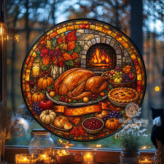 Window Hanging Thanksgiving Turkey Feast Stained Glass Style Window Display for Mimi