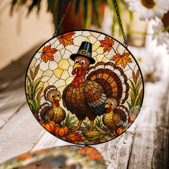 Window Hanging Turkey Family Stained Glass Style Sun Catcher for Thanksgiving Families