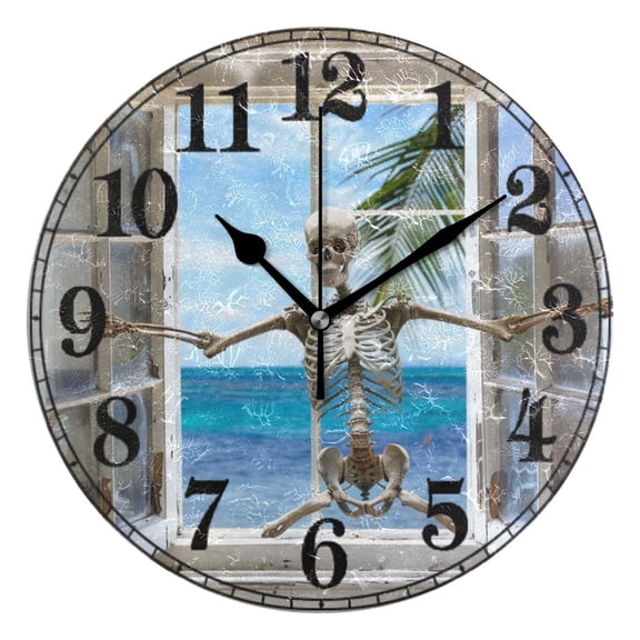 Window Human Skeleton Silent Wall Clock 10" Non-Ticking Battery Clock
