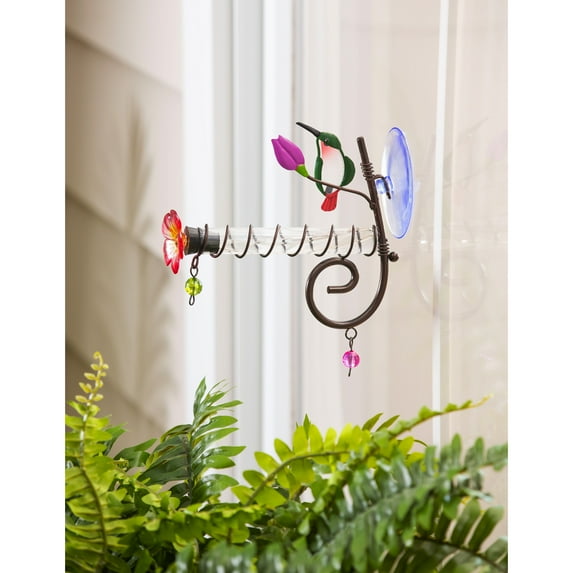 Window Hummingbird Feeder with Bronze Details and Suction Cups, Hummingbird and Tulip