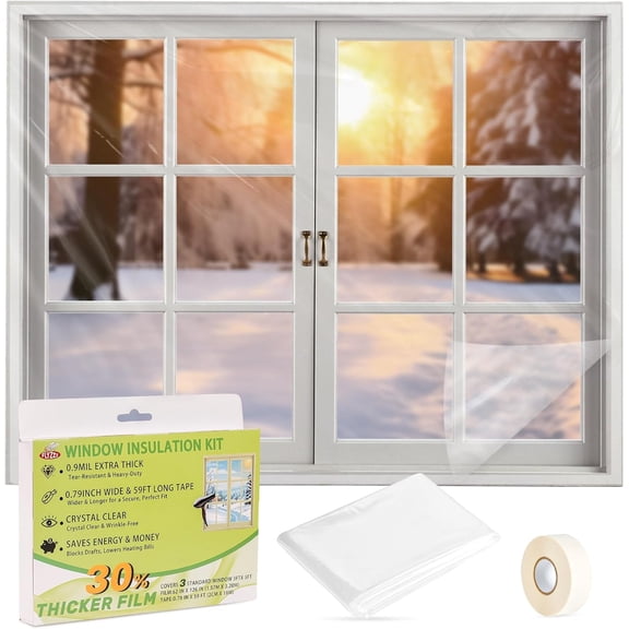 Window Insulation Kit, 62X126inch 0.9 Mil Window Plastic for Winterizing, Indoor Plastic Window Covering with Wide Tape, Insulates 3 Standard (3'x5') Windows