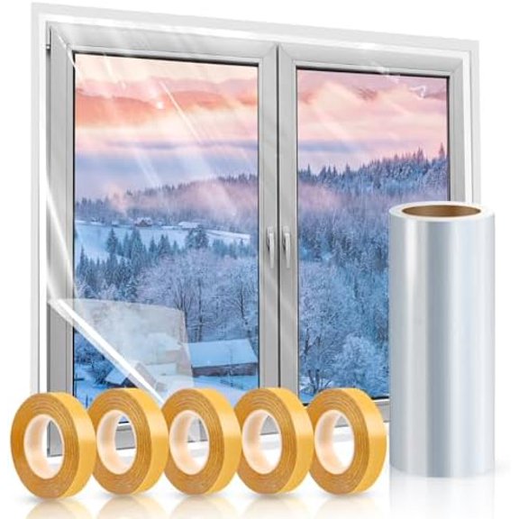 Window Insulation Kit, 63 × 394 Inch Plastic Window Covering for Winter, Window Insulation Film Window Wrap Insulation Windows Winterizing Kit with Double-Sided Tape for 10 Pcs 3 x 5 Ft Windows