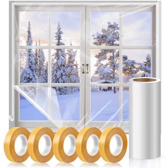 Window Insulation Kit, 63 × 394 Inch Plastic Window Coverings for Winter, Thicken Window Shrink Film Insulator Kit Windows Waterproof Winterizing with 5 Double-Sided Tape for 10 Pcs 3 x 5 Ft Windows