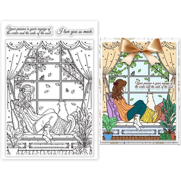 Window Lady Clear Stamps Sentiment Words Silicone Stamps Window Scene Rubber Stamps Silicone Transparent Seal Stamps for Card Making Background Scrapbooking