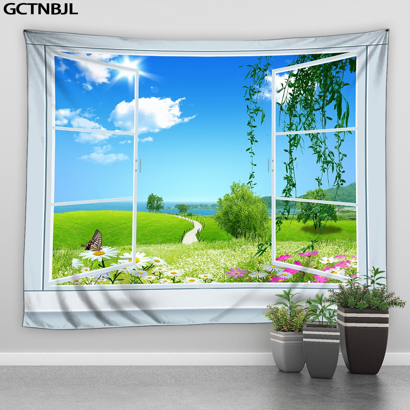 Window Lavender Scenery Tapestry Wall Hanging Purple Flower Plant