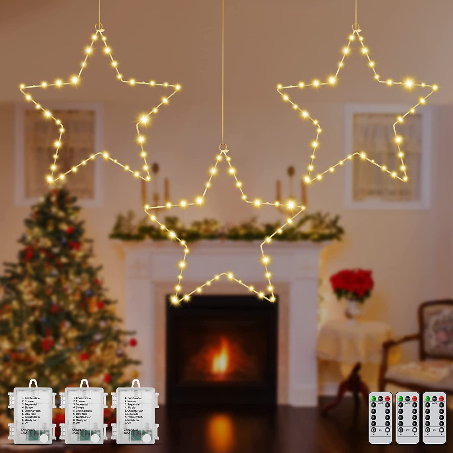 Window Lights 3 Pack Christmas Window Star Lights with Timer, Battery