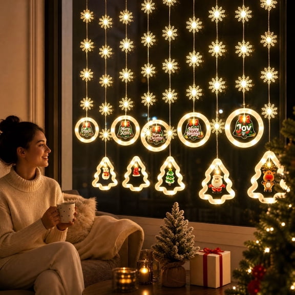 Window Lights Christmas Decorations, 118in USB Novelty Xmas Hanging Tree Ring Light, LED Window Decor for Indoor Bedroom Outdoor and Party and Wall and Holidays and Celebrations