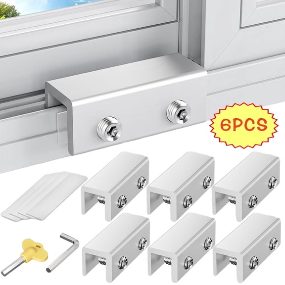 Window Locks, 6 Sets Sliding Window Lock with Key, Window Locks for Up and Down Windows, Easy to Install Vertical & Horizontal Window Security Locks,Adjustable Aluminum Sliding Window Lock(Silver)