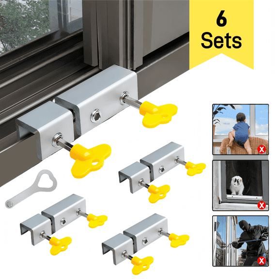 ChrumpTon Window Locks, 6 Sets Sliding Window Safety Locks with Key, Adjustable No-Drill Window Stopper for Sliding Windows & Doors, Space-Saving Security Bar Alternative (Silver)