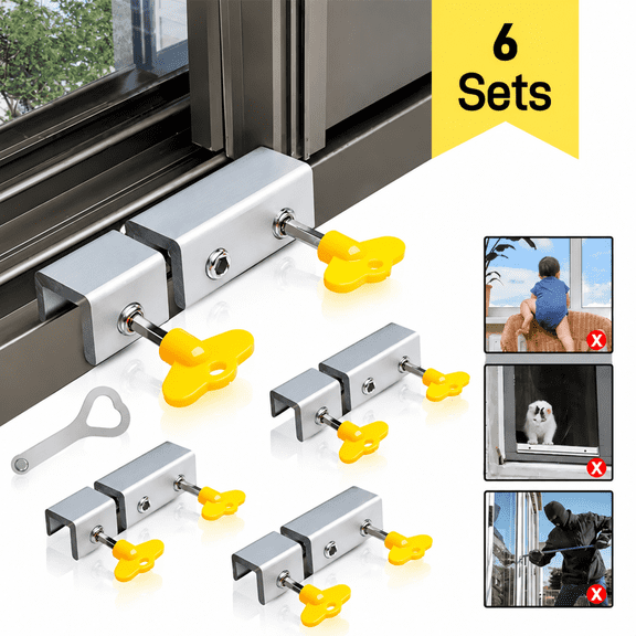 ChrumpTon Window Locks, 6 Sets Sliding Window Safety Locks with Key, Adjustable No-Drill Window Stopper for Sliding Windows & Doors, Silver