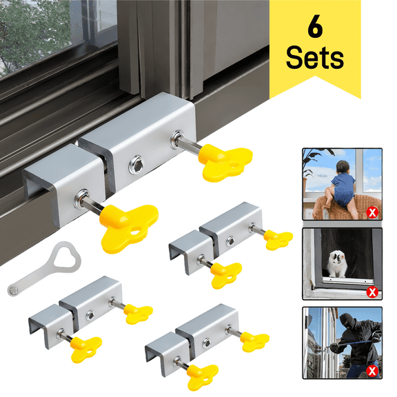 Window Locks,6 Sets Sliding Window Safety Locks with Key,Adjustable Window Stopper Lock,No-Drill Install