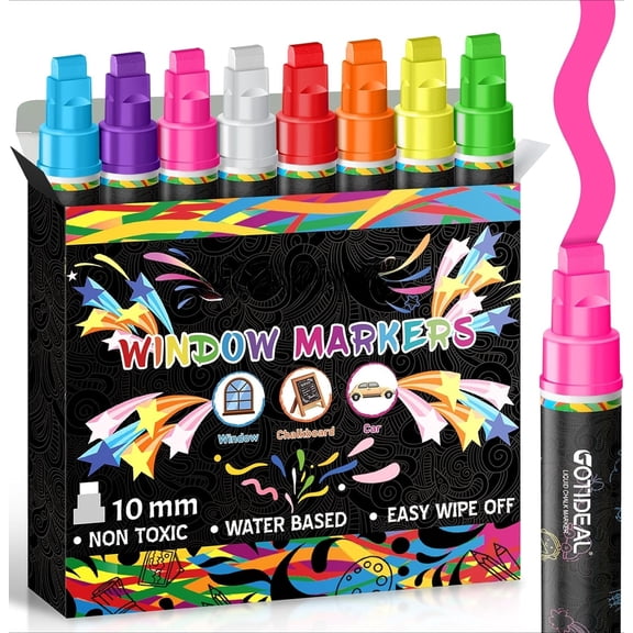 Window Markers, 8 Colors, 10mm Jumbo Thick Tip Chalk Markers| Washable Car Marker, Window paint markers Erasable, for Blackboard, Chalkboard, Glass Mirror, Wedding Married Painting, Menus