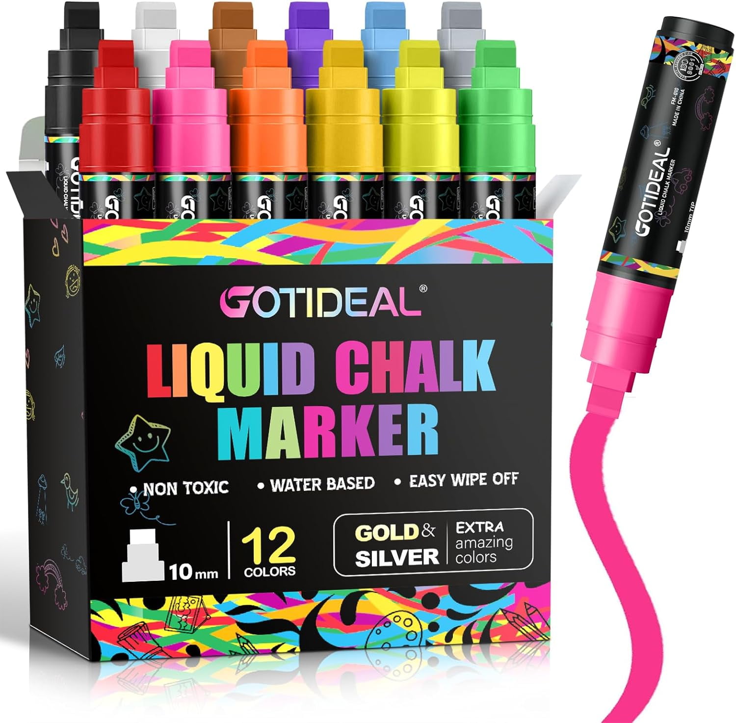 Window Markers, Jumbo Chalk Markers for Blackboard, Washable Car Markers for Chalkboard Glass Mirrow,10mm Thick Tip12 Colors With Metallic Colors
