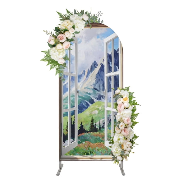 Window Mountain View Arch Backdrop Cover 4FT, Nature Scenic Lush Alpine Valley Spandex Fitted Stretchy Arch Stand Covers, Round Top Chiara Backdrop Cover for Wedding Party Birthday Baby Shower
