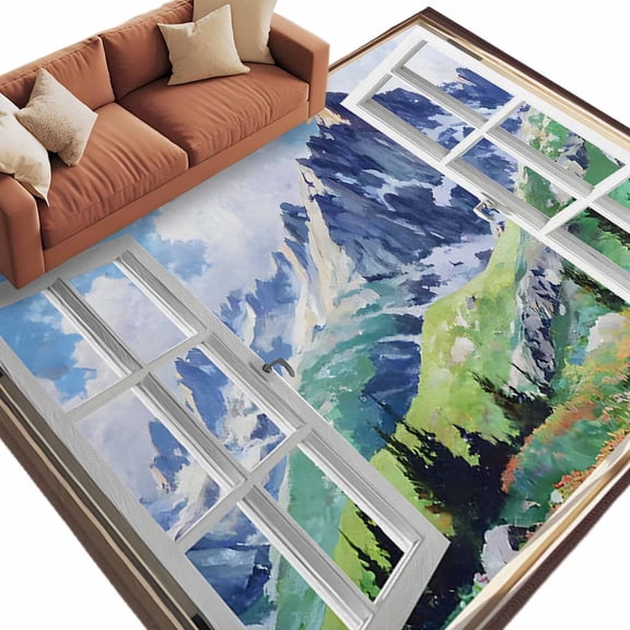 Window Mountain View Area Rug 8x10 Washable Rug Non Slip Nature Scenic Lush Alpine Valley Large Area Rug Soft Stainresistant Indoor Carpet for Living Room Bedroom Home Office Dining Room Nursery
