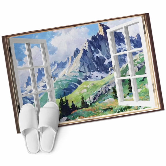 Window Mountain View Bathroom Rug Washable 2x3 Entryway Rug Non Slip Nature Scenic Lush Alpine Valley Front Door Mat Low Pile Indoor Doormat Throw Floor Carpet for Kitchen Bedroom Entrance