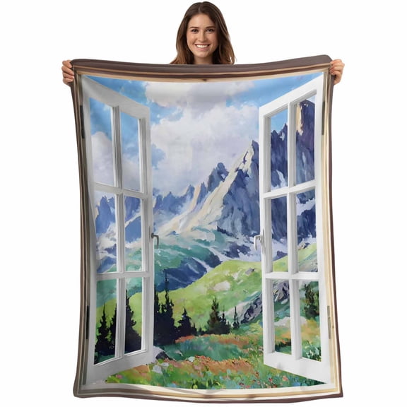 Window Mountain View Blanket Soft Cozy Warm Throw Blanket for Couch, Plush Fuzzy Flannel Blankets for Sofa, Nature Scenic Lush Alpine Valley Bed Blankets Lightweight Gifts for Women, 32"x48"