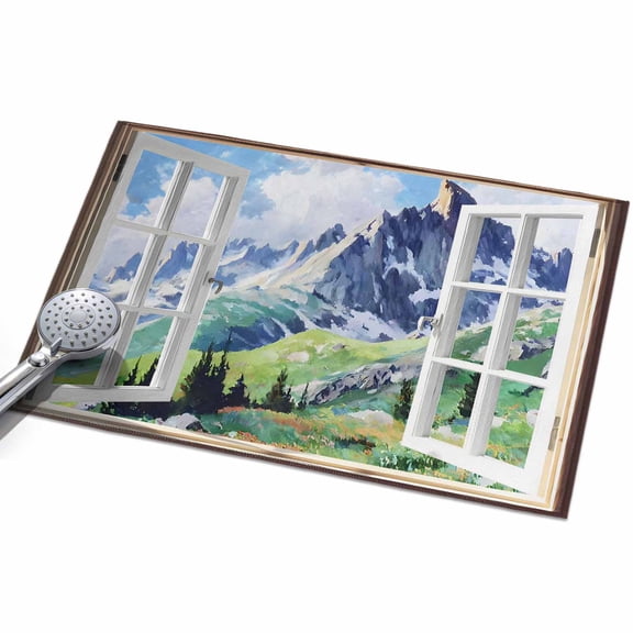 Window Mountain View Entryway Rug 2x3ft Washable Non Slip Bathroom Rug Indoor Floor Front Door Mat Nature Scenic Lush Alpine Valley Rectangle Area Rugs Carpet for Kitchen Office Dining Room Home