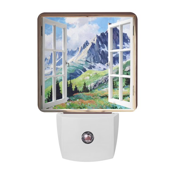 Window Mountain View Night Lights Plug Into Wall, LED Dusk to Dawn Sensor Night Light, Nature Scenic Lush Alpine Valley Nightlight for Bedroom Bathroom Living Room Hallway Home Wall Decor