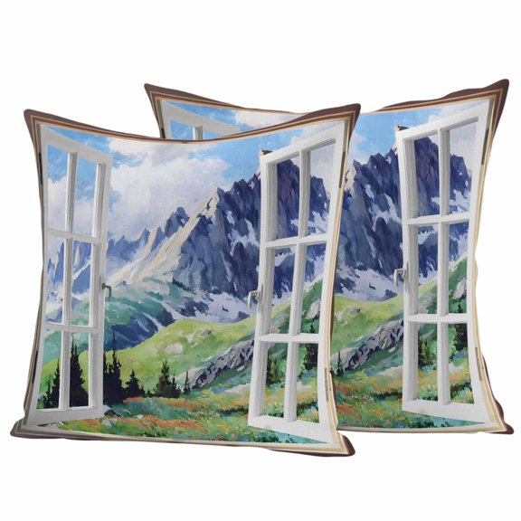 Window Mountain View Outdoor Waterproof Pillow Covers, Nature Scenic Lush Alpine Valley Decorative Square Throw Pillowcase Sofa Cushion Sham for Patio/Couch/Chair, 16"x16" 2 Pack
