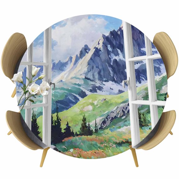 Window Mountain View Round Tablecloth 36-44 Inch Round Fitted Table Cloth with Elastic Edge, Nature Scenic Lush Alpine Valley Waterproof Table Cover Protector for Outdoor Picnic Party Dining