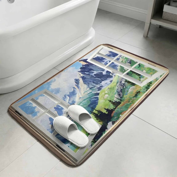 Window Mountain View Washable Area Rugs for Living Room Bedroom, Large Non Slip Indoor Floor Carpet Absorbent Low Pile Nature Scenic Lush Alpine Valley Door Mat Rugs for Bathroom Entryway 47.2"x63"