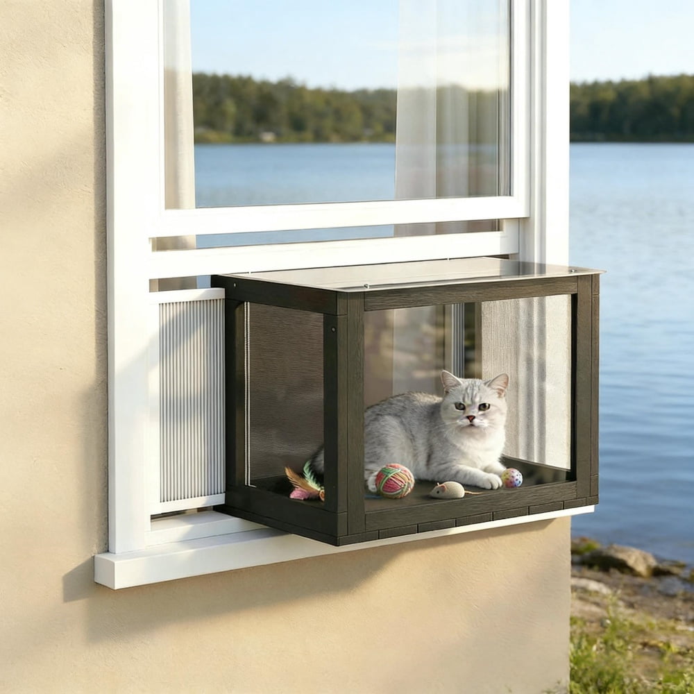 Window Mounted Catio Cat Enclosure with Transparent Acrylic Top Fir Wood Cat Window Perch Black White