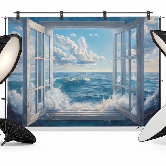 Window On The Ocean Backdrop for Photography, Wave Cloud Photo Backdrop Portrait Background Party Banner Photo Backgrounds for Studio Booth Props, 12x8ft