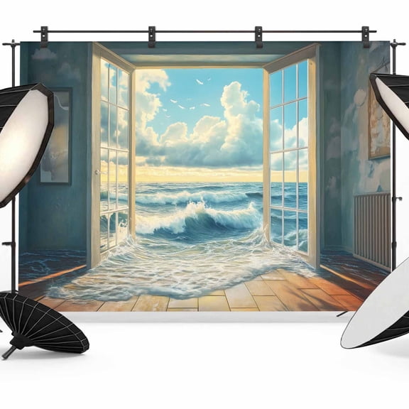 Window On The Ocean Backdrop for Photography, Wave Cloud Summer Scenery Photo Backdrop Portrait Background Party Banner Photo Backgrounds for Studio Booth Props, 10x8ft