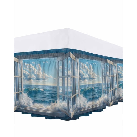 Window On The Ocean Bed Skirt Queen Size 16" Drop Wave Cloud Ruffled Wrap Around Bed Skirts Adjustable Elastic Bedskirt Dust Ruffle for Queen Size Bed