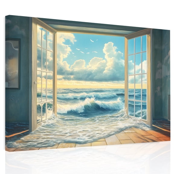 Window On The Ocean Canvas Print Wall Art, Wave Cloud Summer Scenery Wall Decor Modern Artwork Paintings Pictures for Living Room Framed and Stretched Ready to Hang, 24" x 32"