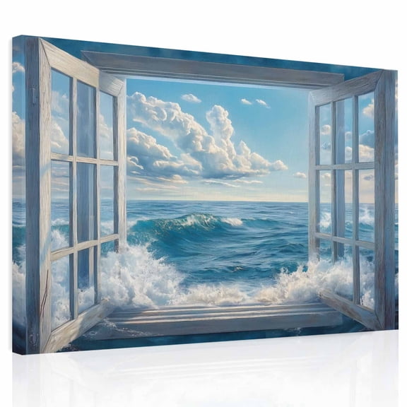 Window On The Ocean Canvas Print Wall Art, Wave Cloud Wall Decor Modern Artwork Paintings Pictures for Living Room Framed and Stretched Ready to Hang, 24" x 32"