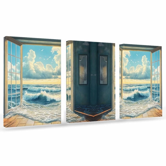 Window On The Ocean Canvas Wall Art 3 Panels, Wave Cloud Summer Scenery Framed Wall Decor Modern Artwork Prints Painting for Living Room, Bedroom, Kitchen & Cafe Decor 20" x 24"