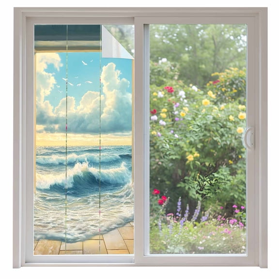 Window On The Ocean Window Privacy Film Wave Cloud Summer Scenery Decorative Glass Window Film UV Blocking Static Cling Non-Adhesive Sticker Covering for Home Door 35.4x78.7 inches