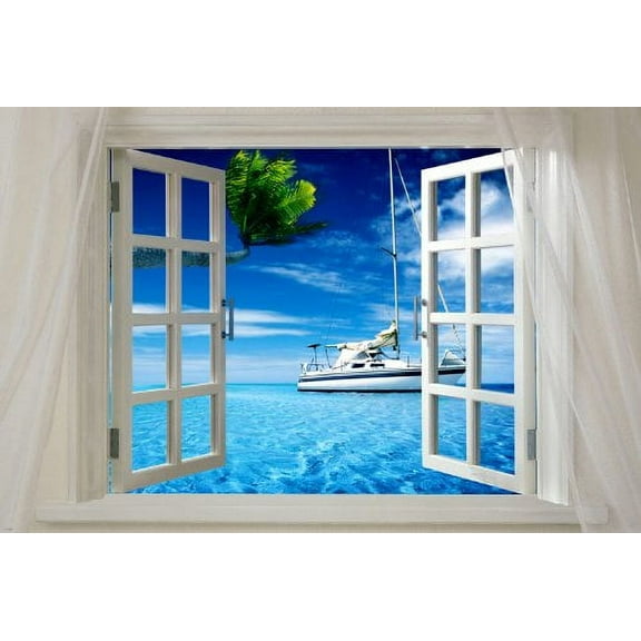 Window Onto Ocean With Boat Scenic Sails Palm Trees 24" x 0.01" Poster, by HSE USA