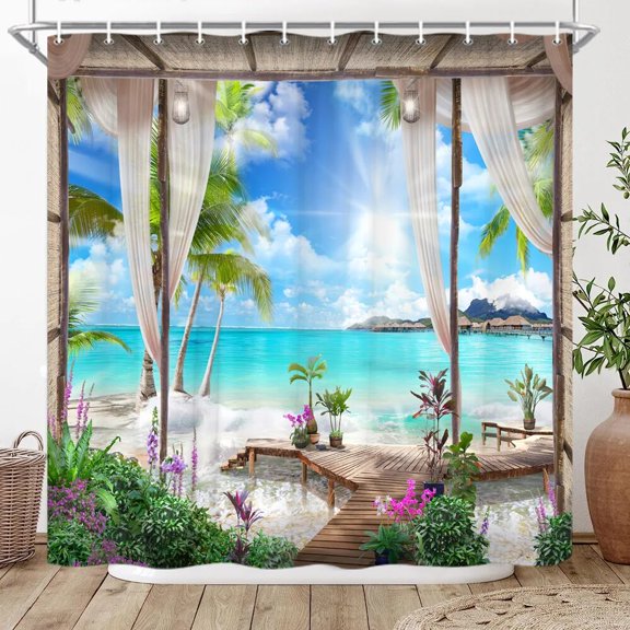 Window Outside Forest Bridge Spring Landscape Creativity Shower Curtain Tree Building Scenery Cloth Curtains With Hook