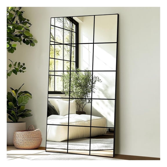 Window Pane Full Length Mirror 28x55 Inch Wall Mirror Black Frame Grid Design for Living Room Bedroom Hallway Industrial Style Decorative Reflective Surface Home Accessories