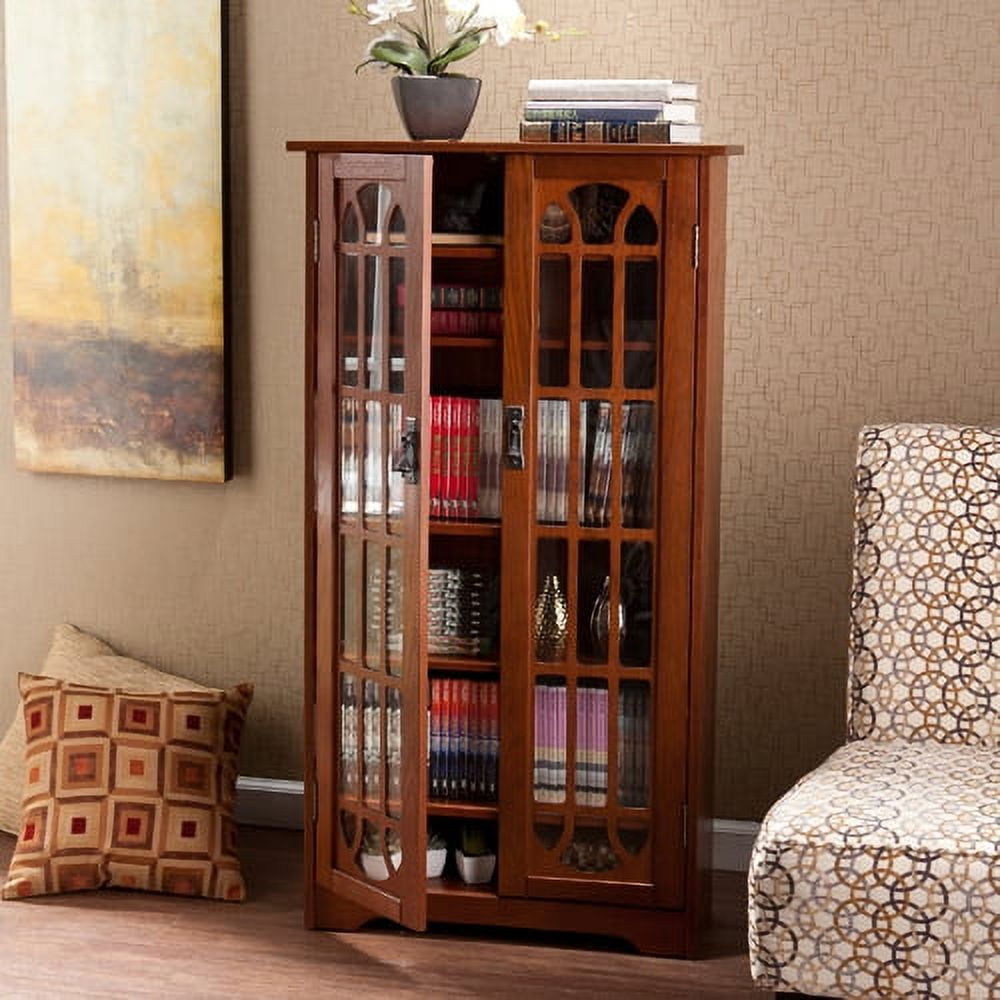 Traditional Oak Media Cabinet with Tempered Glass Doors
