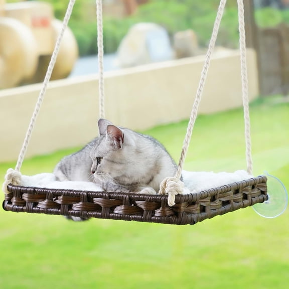 Window Perch,  Window Hammock Bed for Indoor Cats, Large Handwoven PE Rattan Window Seat, 4 Suction Cups, Double Sided Washable Cushion Bed, 2.3 Inch Fence Shelf, for  Kittens Brown