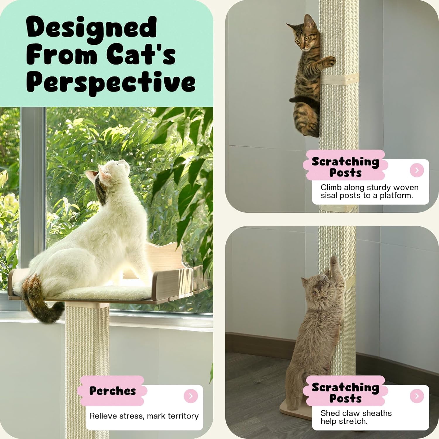 Window Perch with Thick Sisal Scratching Post, Adjustable Tall Cats Hammock Bed with Fluffy Cushion and Suction Cups