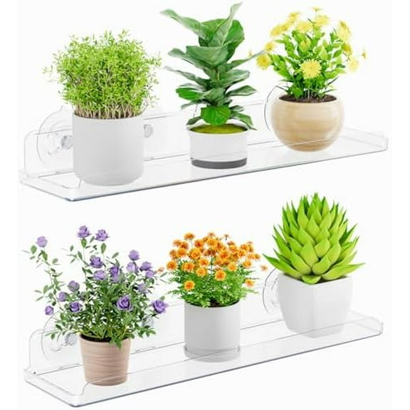 Window Plant Floating Shelves 14.6x3.6, 2 Pack Acrylic Suction Cup Shelf, Window Sill Extender for Indoor Succulent Plants, Micro Greens, Seed Starter Pots, Herb Planters 37 x 9 cm/14.6x3.6