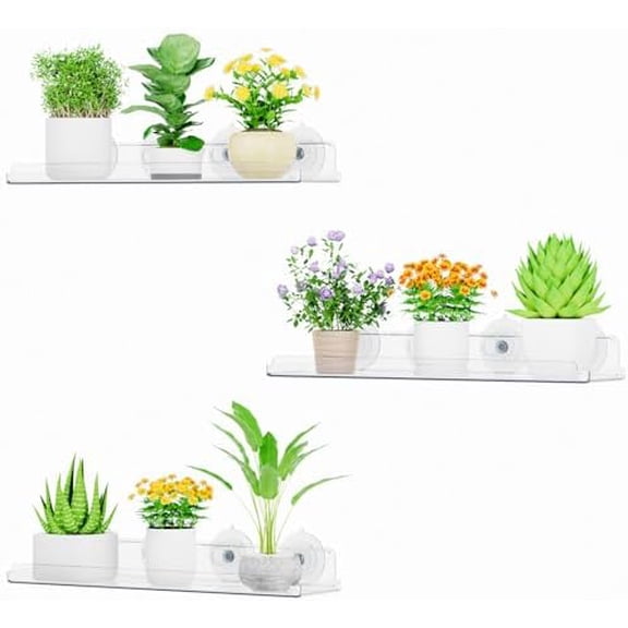 Window Plant Floating Shelves 14.6x3.6, 3 Pack Acrylic Suction Cup Shelf, Window Sill Extender for Indoor Succulent Plants, Micro Greens, Seed Starter Pots, Herb Planters 37 x 9 cm/14.6x3.6