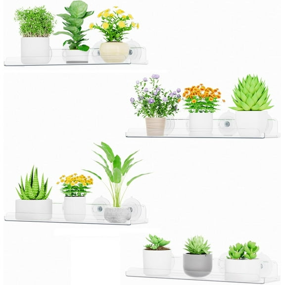 Window Plant Floating Shelves 14.6x3.6, 4 Pack Acrylic Suction Cup Shelf, Window Sill Extender for Indoor Succulent Plants, Micro Greens, Seed Starter Pots, Herb Planters 37 x 9 cm/14.6x3.6