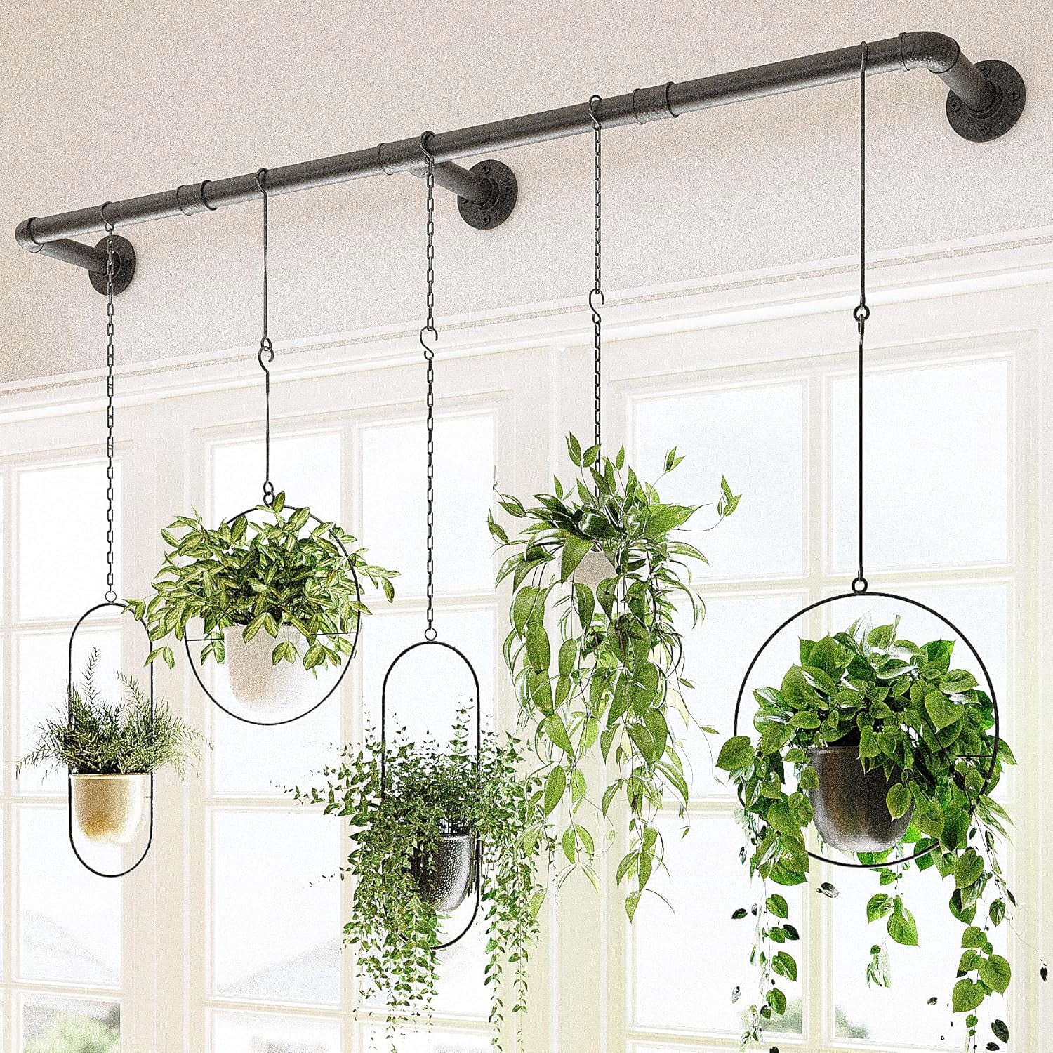 Window Plant Hanger Indoor 63in Hanging Planters for Indoor Plants Hanging Plants Holder Hanging Rod Window Plant Shelves Wall Planters Pot/Chain/Plant Not Included(Black)